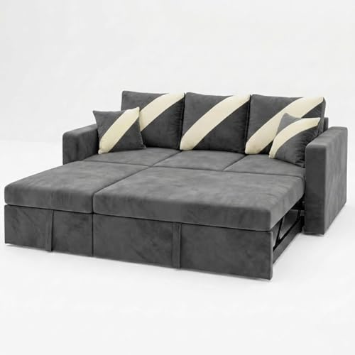 Image of FURNY Trivia 4 Seater LHS Lounger Sofa Cum Bed (Dark Gray) with Pull-Out Function | Luxury Velvet Suede Finish | Durable Comfort | Ideal for Living Room