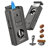 LIHTUN Cigar Torch Lighter Built-in One-Touch Cigar Cutter V-Cut and Straight Cut, Punch, Stand, All-in-1 Windproof Dual Jet Flame Lighter Gifts for Cigar Loves, Adjustable Refillable Butane Lighters