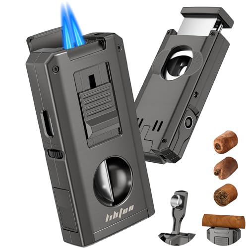 LIHTUN Cigar Torch Lighter Built-in One-Touch Cigar Cutter V-Cut and Straight Cut, Punch, Stand, All-in-1 Windproof Dual Jet Flame Lighter Gifts for Cigar Loves, Adjustable Refillable Butane Lighters