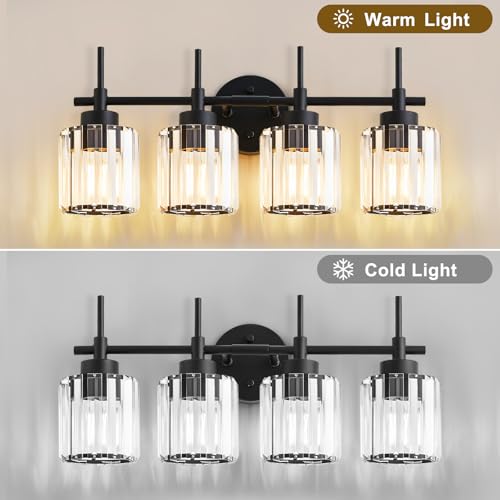 Image of EJIAXIN 4 Light Round Crystal Vanity Lights, Modern Black Crystal Wall Light Bath Mirror Light Fixture Over Mirror Bathroom Wall Sconces for Bathroom Living Room