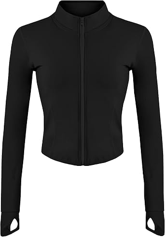 Gacaky Womens Athletic Jacket Lightweight Full Zip Up Yoga Jacket Cropped Workout Slim Fit Tops with Thumb Holes