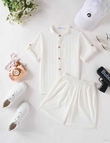 Image of Arshiner Boy's 2 Piece Beach Outfit Short Sleeve Textured Button Down Shirt and Short Sets Summer Vacation Wear 4-12 Years