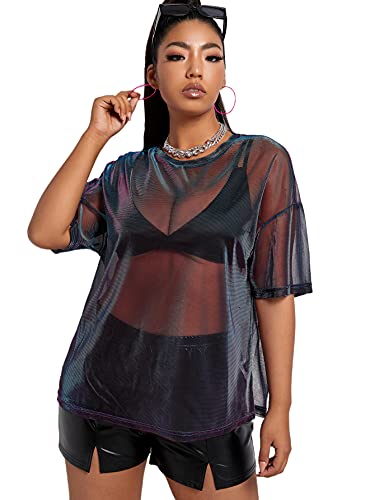 Floerns Women's Plus Size Short Sleeve Sheer Mesh Tops T Shirt Blouse Black Mesh 3Xl #TOP3