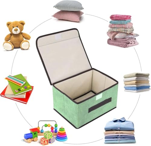 Image of Anayo Foldable Storage Boxes with Lid, Wardrobe Storage Basket Shelf Organizer Bins for Clothes, Toys, Books - Pack of 2 (Green)