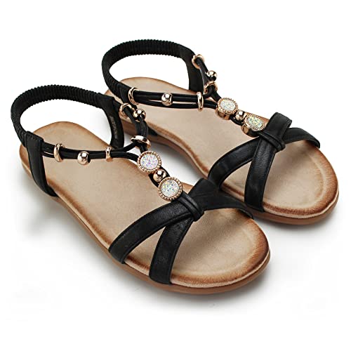 Hawkwell Women's Rhinestones Bohemian Elastic Ankle Strap Beach Dressy Summer Flat Sandals,Black Synthetic,6 M Us #TOP3
