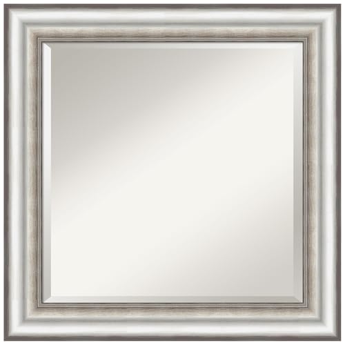 Amanti Art 25x25 Bathroom Vanity Mirror, Salon Silver Frame, Square Wall Mirror, Beveled Edge, Hangs Horizontally or Vertically