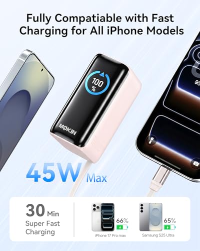 Image of MOKiN Portable Charger with Built-in Retractable USB-C Cable, 45W Fast Charging 10000mAh Power Bank, Compact Travel Battery Pack for iPhone 17 /16, Samsung Galaxy, iPad, Pixel and More
