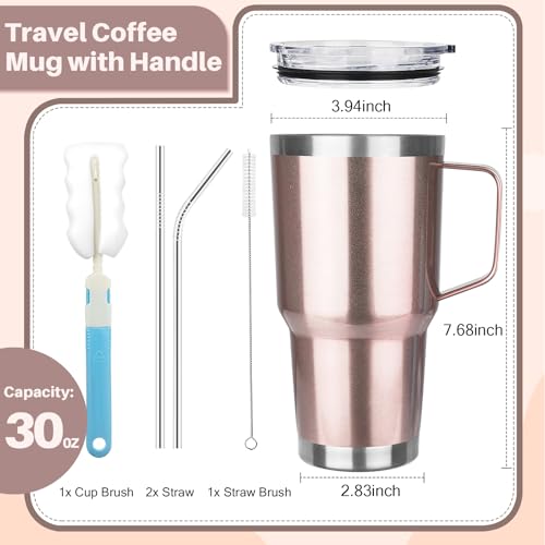 Image of 30 oz Tumbler with Handle, Stainless Steel Insulated Tumbler with Lid and Straw, Double Wall Vacuum Insulated Coffee Mug Tumbler, Insulated Coffee Thermal Cup for Cold and Hot (Rose gold)