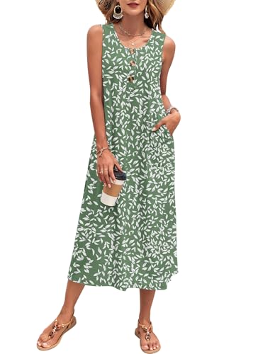 PLOKNRD Women's Summer Maxi Dress 2026 Sleeveless Button Down Casual Loose Beach Sundress Travel Vacation Outfits(Foliage Green,2XL)