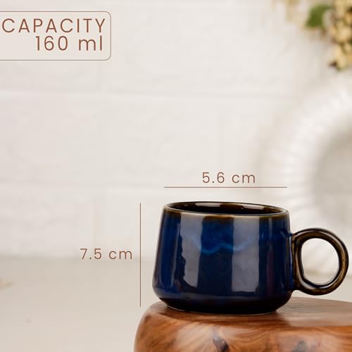 Image of The Earth Store Premium Navy Blue Glaze Ceramic Morning Tea Set - 2 Tea Cups & 1 Kettle Microwave and Dishwasher Safe | Tea Cup with Kettle | Small Morning Set | Ideal for Gifting and Daily Use