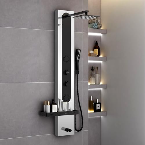 Image of Plantex Shower Panel for Bathroom /Hand Shower & Massage Spray Jet for Bathroom /304 Grade Stainless Steel Modern Shower System with Head Shower - Pack of 1 (Chrome & Black, 8097)