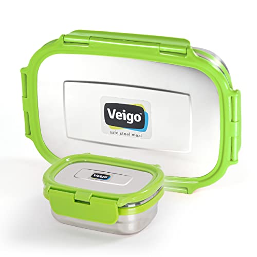Veigo Stainless Steel Jumbo Lunch Box with Veg Box (950ml + 180ml) | Airtight & Leakage Proof Tiffin Box | Lunch Box for Office & School| Green