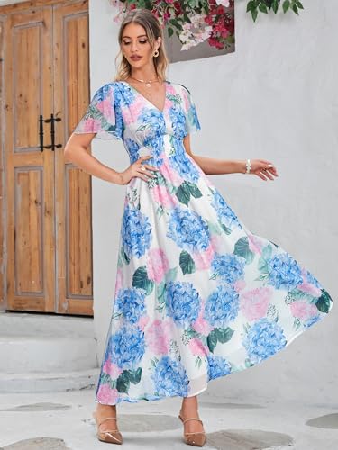 Image of Simplee Women's Boho Floral Maxi Dress Flowy Casual V Neck Short Sleeve Wedding Guest Holiday Beach Long Dress