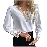 Trendige Oberteile Damen Modisches einfarbiges Basic Shirt Eleganter Pullover mit Spitze Nähen Pulli Tops mit V Ausschnitt und langen Ärmeln Langarmshirts Baggy bequeme Tunika Bluse Straßen Hipster