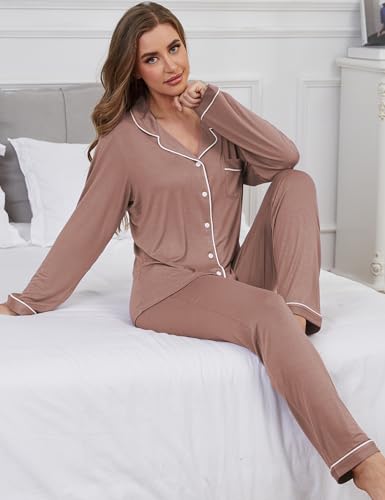 Image of Button Up Pajamas for Women Long Sleeve Sleepwear Soft Loungewear Ladies Pjs Set XS-XXL