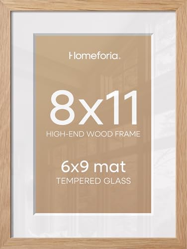 Image of Homeforia 8x11 Natural Oak Picture Frame, High-End Wood, 6x9 Mat, Glass | High End Solid Oak Wood, Tempered Glass, Acid-Free 6x9 Removable Mat, 8x11 Edge-to-Edge Display 11x8, Wall Kit, Set Of 3