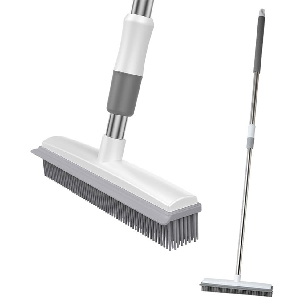 HOOTO Pet Hair Removal Rubber Broom with Squeegee, Soft Silicone Bristle Broom with 130cm Adjustable Long Handle, Non Scratch Carpet Sweeper Brush for Pet Hair, Hardwood Tile Windows