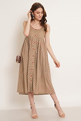 Image of COTLAND Fashions Jaipuri Cotton Printed Flared Strappy A-Line Dress for Women (Ocean Orchid)