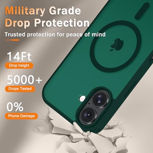 Image of YENAPOON for iPhone 16 Plus Case, Matte Magnetic Phone Cover [with 1 Screen Protector] [Support for MagSafe] [Shockproof Military Grade Protection] Translucent Frosted Back, Dark Green
