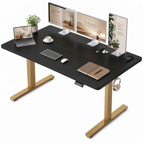 Image of Grandder 55x32 Extra-Deep Electric Standing Desk, Wide Desktop Fits 49 inch Ultrawide Monitor+Dual Screens, 176 lbs Capacity, 2 Memory Presets, Anti Collision, Computer Desk, Black Top&Gold Frame