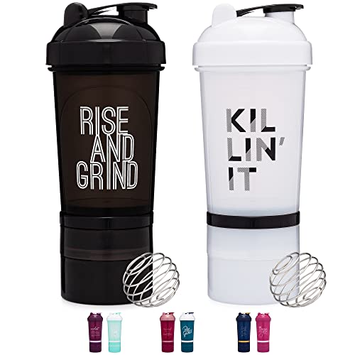 [2 Pack] 20 Ounce Shaker Bottle with Storage Compartments (White & Black - 2 Pack) | Protein Shaker Cup with Motivational Quotes | Container Storage for Protein or Supplements with Wire Whisk Balls