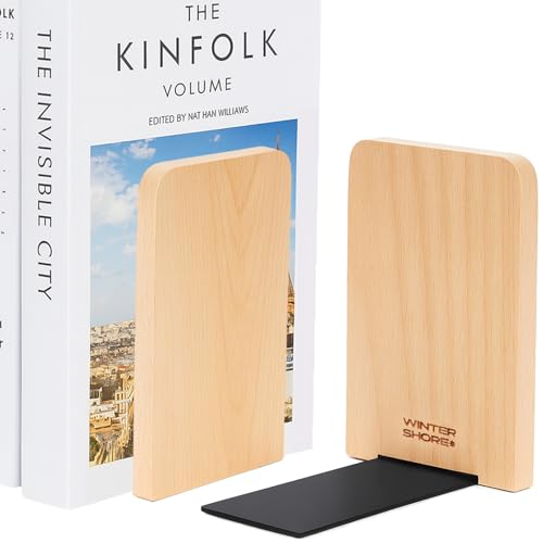 Winter Shore Buchenholz-Buchhalter Regal (2er-Pack) - 1 Paar Buchstützen Holz für Schwere Bücher, CDs, Schallplatten - Stabile Buchstütze Holz mit Rutschfesten Metallfüßen für Zuhause, Büro & Bücherei
