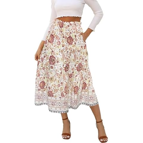 Naggoo Women's Bohemian Floral Printed Elastic Waist A Line Midi Skirt with Pockets White Boho M Cover