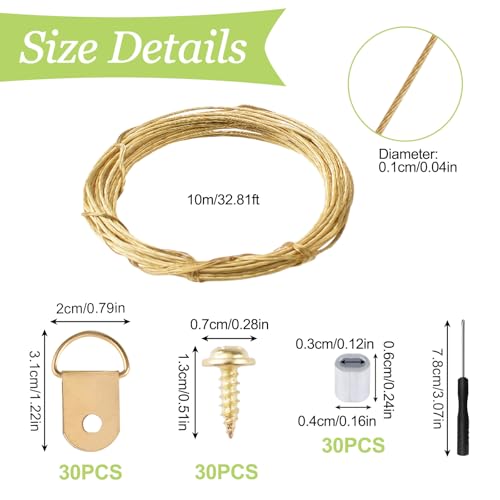 Image of Picture Hanging Kit - 10M Brass Hanging Wire, 30Pcs D Ring Picture Hangers with Screws and 30Pcs Aluminum Crimping Loop Sleeve for Wall Pictures Exhibition(Gold)