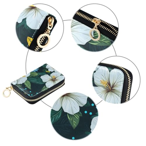 White Hibiscus Flower and Leaves Pattern Credit Card Holder Case Leather Printed Zipper ID Card Case Wallet Small RIFD Blocking Wallet for Women Girls3