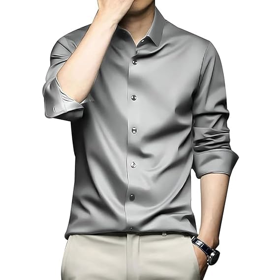 DEELMO Chemise décontractée en satin de couleur unie pour homme à manches longues | Chemise en...