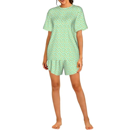 Pyjama court femme ananas vert en coton respirant pour l'été