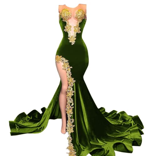 Image of Velvet Prom Dresses Beaded Applique Sleeveless Celebrity Pageant Split Mermaid Evening Gala Gown