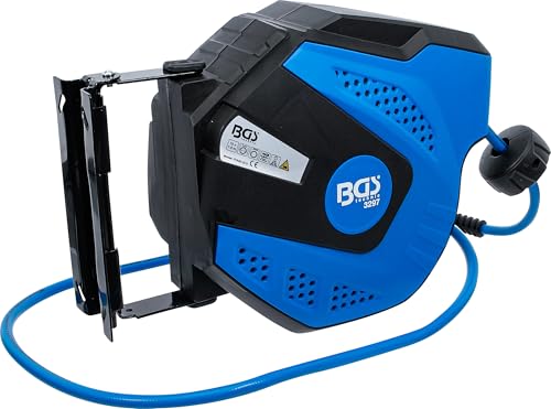 BGS 3297 | Druckluftschlauch mit Aufroller | automatisch | 10 m + 1,5 m Zuleitung | 180° schenkbar | inkl. Montagehalter | Schlauchaufroller | Druckluftschlauchtrommel