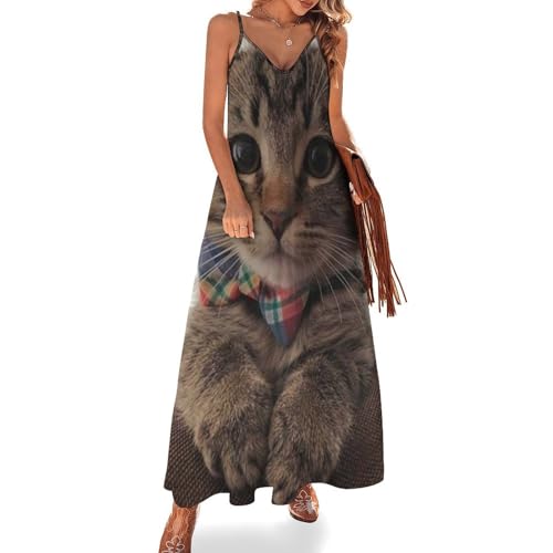 Robe longue d'été sans manches pour femme | Chaton Mignon maxi col V