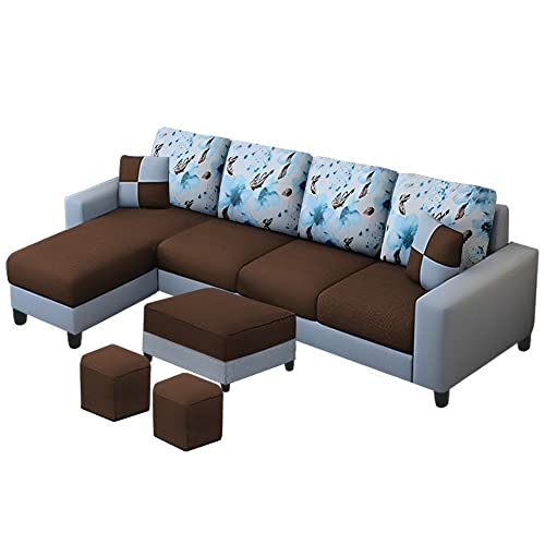 Image of Orland 8 Seater LHS L Shape Sofa with Center Table & 2 Puffy | Color - (Brown Grey Fabric)