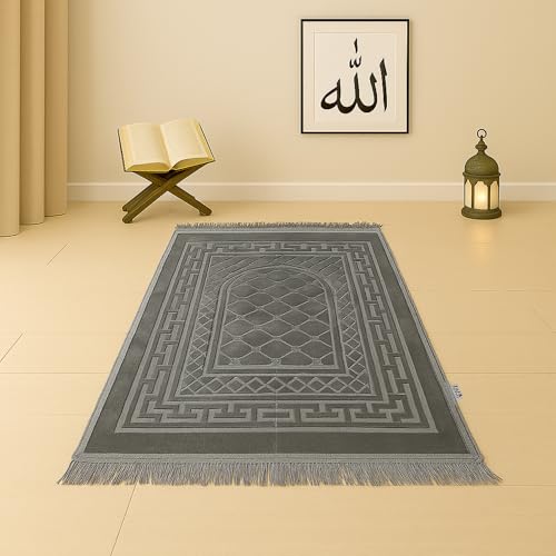 Image of Modern Premium Janamaz Prayer Mat Musalla Soft Velvet Mat For Salah Musallah And Namaz, 20 Cm, 10, Grey, Rectangular