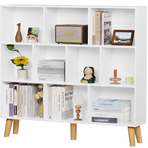 YAHARBO 10 Cube White Bookshelf,3 Tier Book Shelf with Legs,Modern