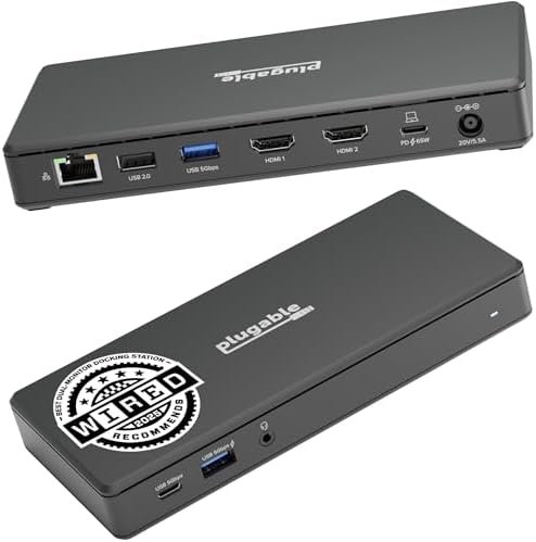 Plugable USB-C Docking Station Dual 4K 60Hz HDMI, 65W Charging, Gigabit Ethernet, 1x USB-C 5Gbps, 3X USB-A, Audio, Windows/ChromeOS, USB-C/USB4/Thunderbolt, Driverless (UD-MSTH2)