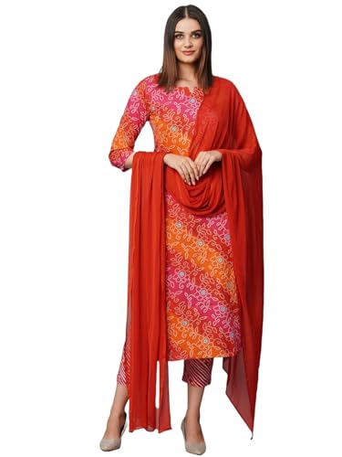 Image of GoSriKi Women's Cotton Blend Printed Straight Kurta with Pant & Dupatta