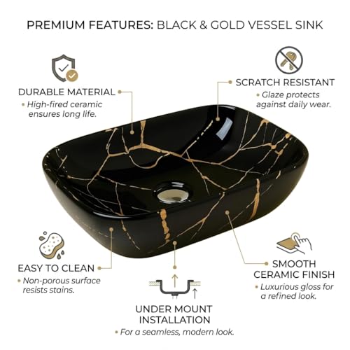 Image of Ceramic Tabletop Wash Basin - Glossy Rectangular Countertop Vessel Sink with Marble Finish for Bathroom & Vanity | Compact 18 x 13 x 5 Inch | Elegant Washbasin