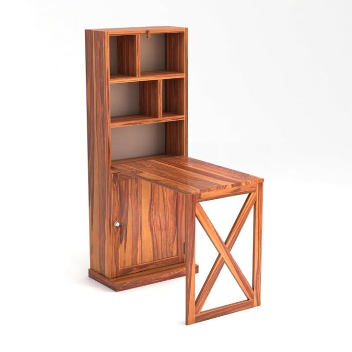 Image of SUNCOM Solid Sheesham Wood Foldable Study Table with Book Shelf - Wooden Study Table for Students StudyTable with Storage Computer Table for Home (Natural)