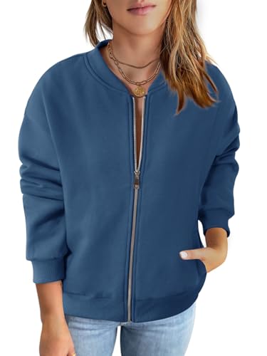 MEROKEETY Basic Zip Front Sweatshirts Crew Neck Solid Color Casual Coat Jacket for Women, DarkBlue, Large