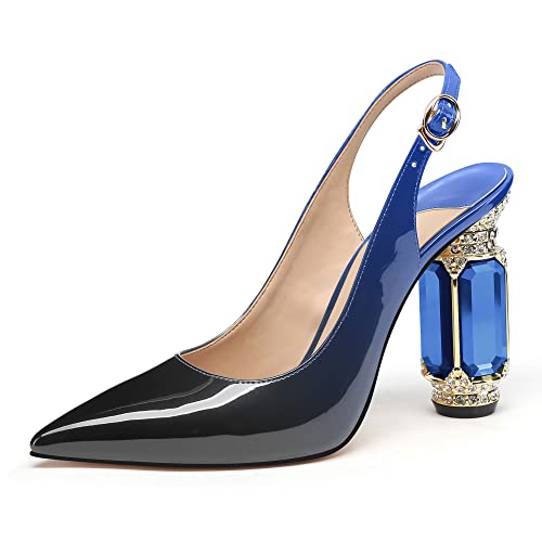 Image of JANSEVEN Women Chunky Heels Pumps Crystal Block Heels with Rhinestones Pointed Toe Sexy Gradient Patent Leather Slip on Bridal Party Wedding Dress Shoes 5-13 M US