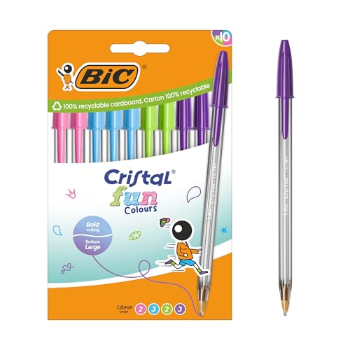 BIC Cristal Fun Colours Stylos-bille Pointe Large (1,6 mm) avec encres fantaisie - Couleurs assorties, pack de 10