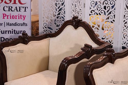 Image of CLASSIC WOOD & CRAFT Luxury Wooden Sofa Set with Center Table | Hand-Carved Solid Teak Wood Sofa Set with Upholstery | Royal Living Room Furniture for Home (Cream Dark Walnut 7 Seater)