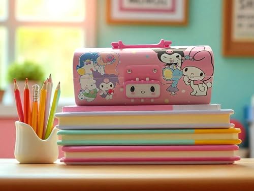 Image of Invite New Cartoon Theme Pencil Box with Push Pull Eraser Set for Kids | Suitcase Style Password Lock Stationery Organizer | School Supplies Gift Combo for Boys & Girls (Kuromi Pink + Eraser)