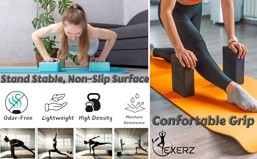Image of Exerz EXYB-002 Yoga Blocks 2PK High Density - Comfortable Fitness Foam Bricks, Anti-Slip, Lightweight and Travel Friendly