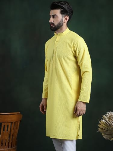 Image of SOJANYA (Since 1958 Men's Pure Cotton Checked Embroidered Long Kurta | Traditional for Diwali Celebrations