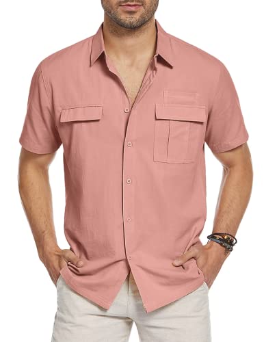 COOFANDY 100% Cotton Regular Fit/Classic Fit Mens Short Sleeve Shirts Button Down Shirts for Men Rose Pink