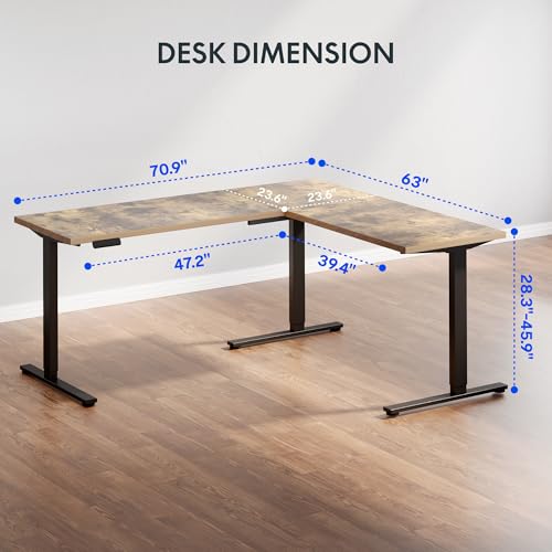 Image of FLEXISPOT L Shaped Standing Desk, 71 x 63 Inch Electric Height Adjustable Corner Desk, Sit Stand Computer Workstation, Preset Controller, Home Office, Black Frame with Rustic Brown Top